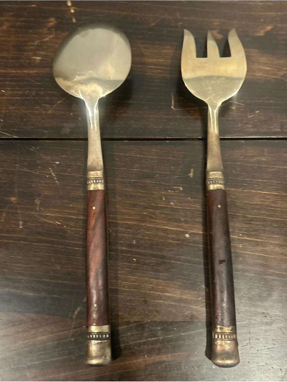 Pottery Barn Wood-Handled Serving Spoon and Fork - Brown and Silver